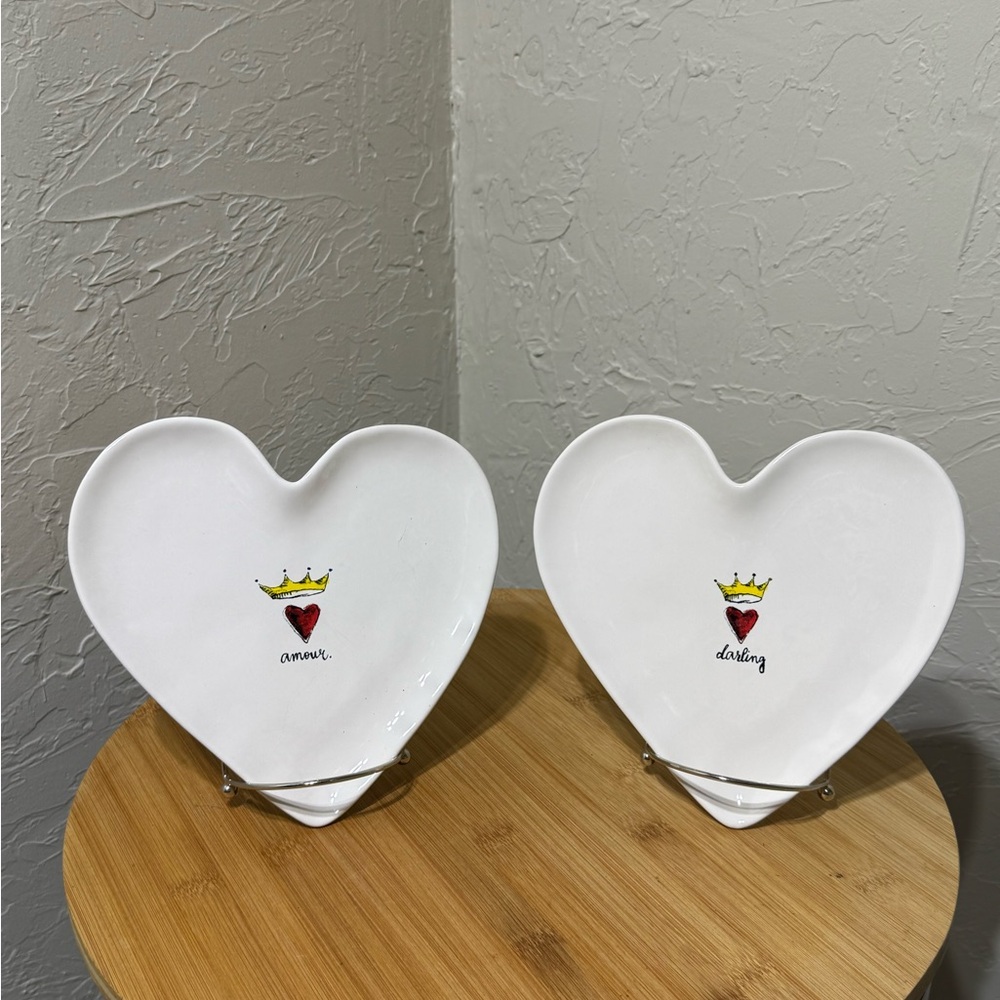 SET OF 2 Rae Dunn Heart-Shaped Ceramic Plates - Amour and Darling